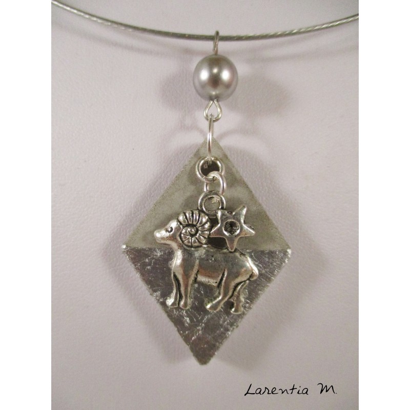 Aries zodiac pendant necklace on diamond silver and pearl gray wax, silver necklace