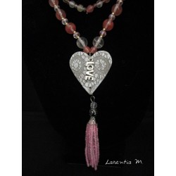 Necklace crystal beads Bohemian brown tones white, brown heart pendant brown, silver filigree heart, pompon brown beads