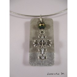 Rectangle silver rectangle necklace, silver cross, gray crystal bead, gray choker