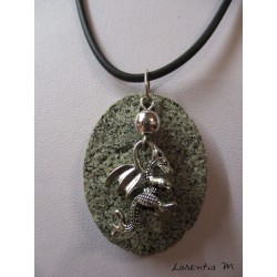 Oval granite necklace with silver dragon pendant, black rubber cord