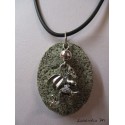 Granite oval necklace, shamballa green pearl, sun silver, gray suede cord