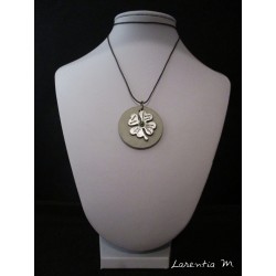 Silver clover concrete necklace / Swarovski green crystal, brown waxed cord