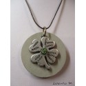 Silver clover concrete necklace / Swarovski green crystal, brown waxed cord