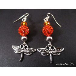 Silver dragonfly earrings, orange shamballa beads, orange crystal beads
