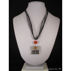 Necklace black square black concrete square, zodiac sign "Cancer", pearl gray metal, black ribbons