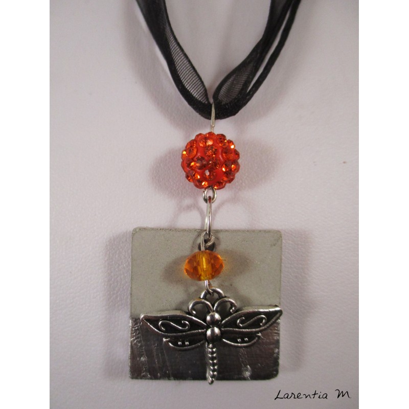 Necklace black square black concrete square, zodiac sign "Cancer", pearl gray metal, black ribbons Necklace black square black concrete square, zodiac sign "Cancer", pearl gray metal, black ribbons