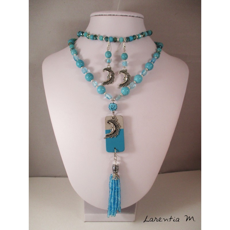 Parures bijoux Sautoir béton, bracelet et boucles d'oreilles perles turquoises