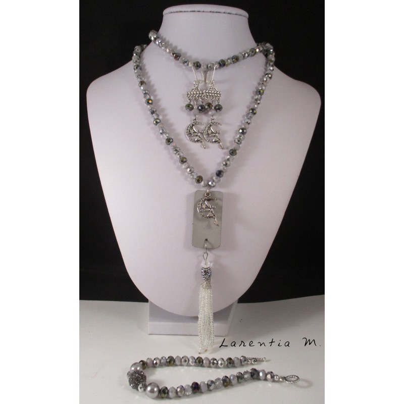 Fineries jewels Long necklace concrete, bracelet and earrings grey pearls