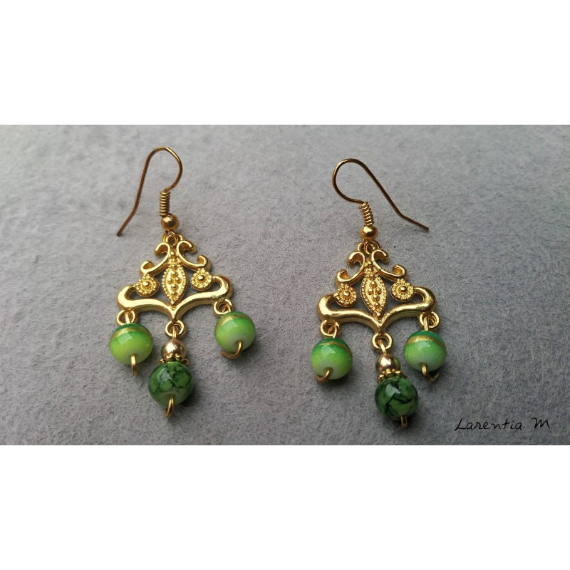 Gold connector earrings, green glass beads