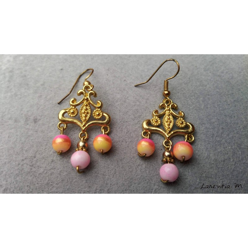 Gold connector earrings, pink glass beads