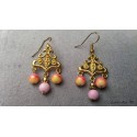 Gold connector earrings, pink glass beads