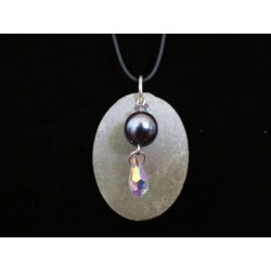 Necklace, pendant with grey waxed beads / Swarovski on concrete pad