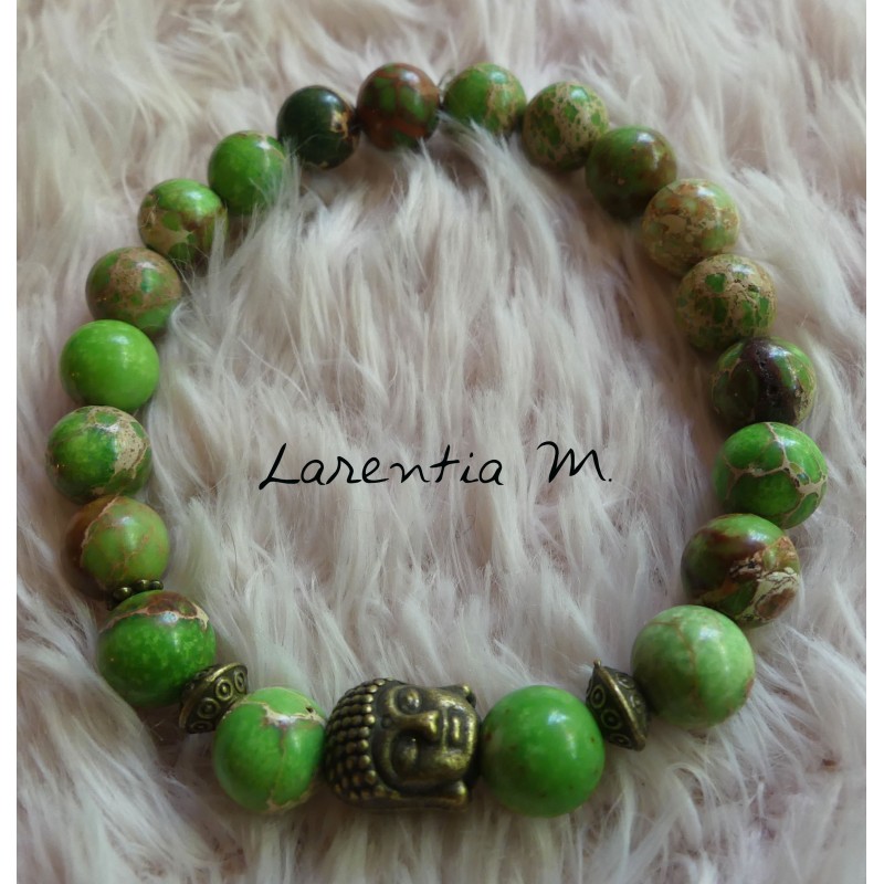 8mm green jasper beads bracelet, bronze buddha head - Elastic