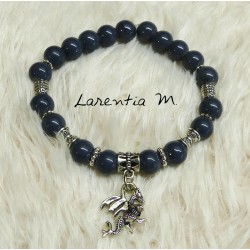 Glass beads bracelet 8mm gray, silver metal beads, silver dragon, elastic