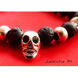 Bracelet black lava beads, ivory stone and silver buddha head