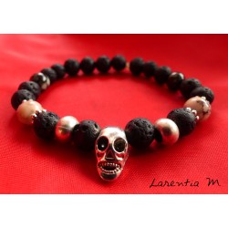 Bracelet perles de lave noire, pierre ivoire et tête bouddha argentée - Elastique