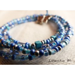 Bracelet 5 rangs en perles de rocaille tons bleus-or, fée sur lune or