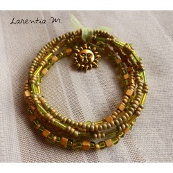 Bracelet 5 rows in seed beads green-gold tones, golden sun