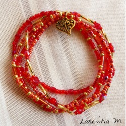 Bracelet 5 rows in seed beads red-gold tones, golden heart