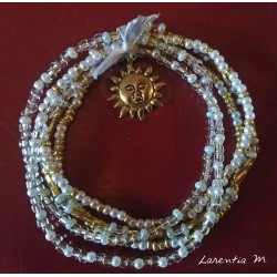 Bracelet 5 rows in seed beads white-gold tones, golden sun
