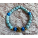 Bracelet perles de verre 8mm tons bleus, chouette dorée, élastique