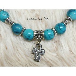 Bracelet 8mm turquoise glass beads, cross and silver beads, elastic