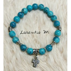 Bracelet perles de verre 8mm turquoise, croix et perles argentées, élastique
