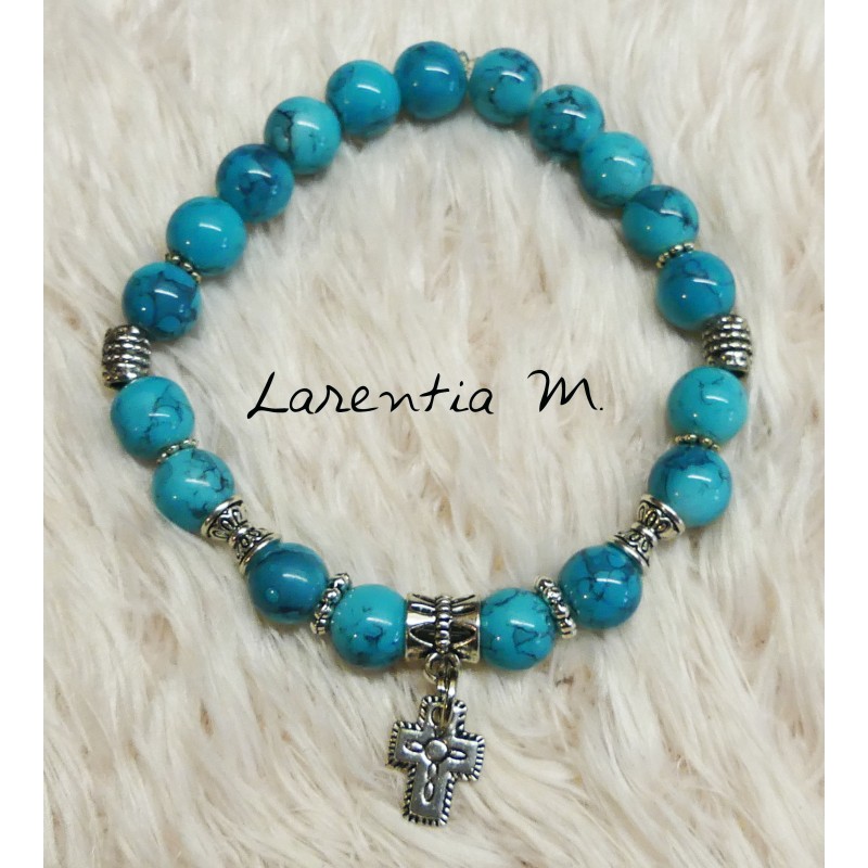 Bracelet 8mm turquoise glass beads, cross and silver beads, elastic