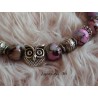 8mm pink-beige-brown glass beads bracelet, owl and silver beads, elastic