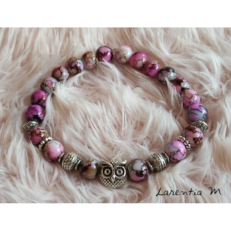 8mm pink-beige-brown glass beads bracelet, owl and silver beads, elastic