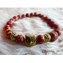 8mm rust-beige glass beads bracelet, owl and golden beads, elastic