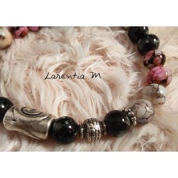 Bracelet perles de verre 8mm noires, violettes et grises, perles métal argentées, élastique