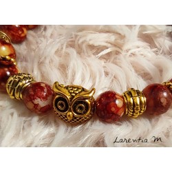 8mm rust-beige glass beads bracelet, owl and golden beads, elastic