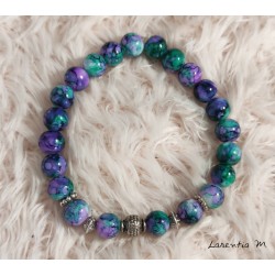 Bracelet perles verre 8mm violet-vert, perles métal argenté, élastique