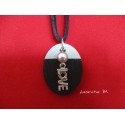 Pendant Necklace "Love" with grey waxed pearl on oval concrete pad painted black