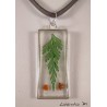 Silver and transparent resin pendant with fern and red flowers, gray suede cord