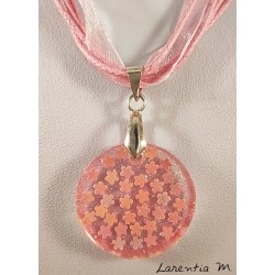 Orange resin pendant necklace, silver sun, organza ribbon with clasp