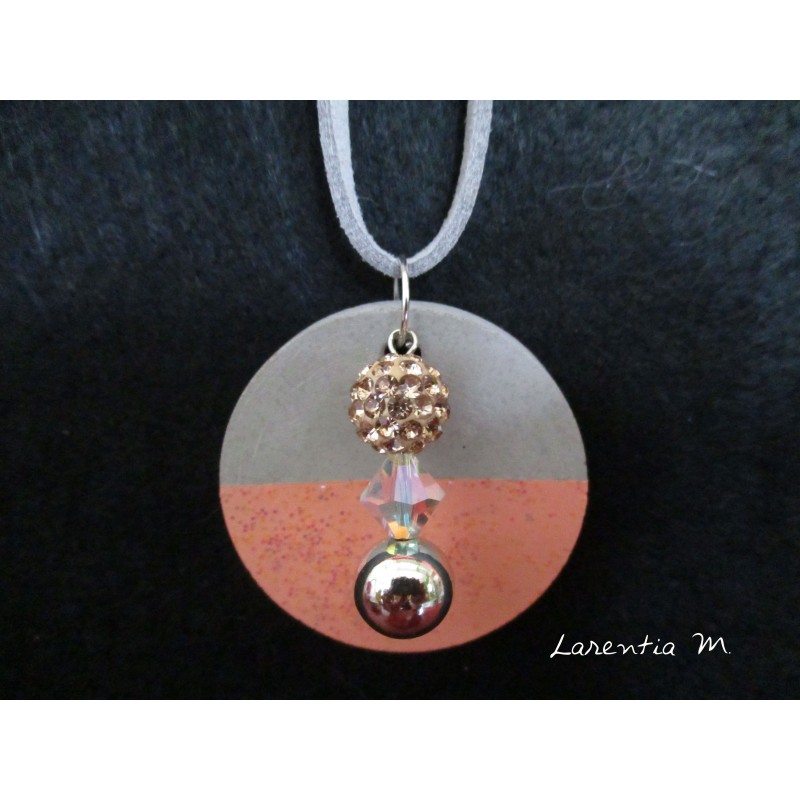 Pendant Necklace with 3 pearls on circle concrete pad painted peach with glitter