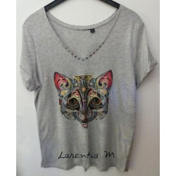 Customized black t-shirt, cotton, transfer kitten, rhinestone crystal neckline and sleeves (size L)