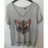 Custom heather gray t-shirt, cotton, cat transfer, crystal rhinestone neckline (size M)