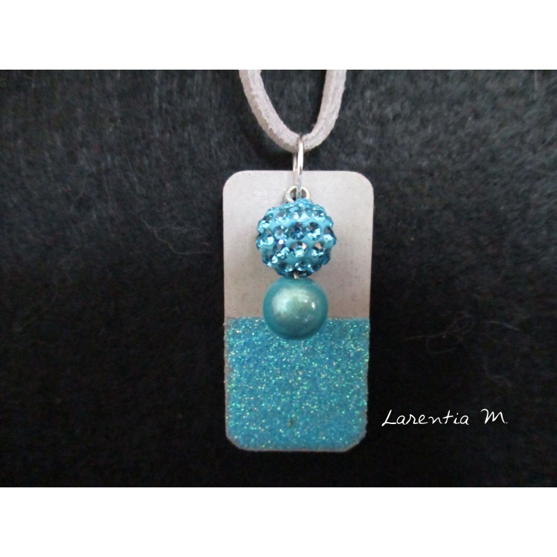 Pendant Necklace with blue Shamballa pearl on rectangle concrete pad painted glitter