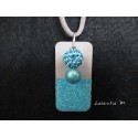 Pendant Necklace with blue Shamballa pearl on rectangle concrete pad painted glitter