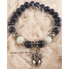 Bracelet perles verre 6mm, blanches et grises, coeur ancien argent - Elastique