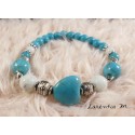 Bracelet perles de verre 8-6 mm turquoise, cœur turquoise, perles métal argentées, élastique