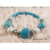 Bracelet perles de verre 8-6 mm turquoise, cœur turquoise, perles métal argentées, élastique