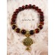 Bracelet perles de verre 8mm marron, perles métal dorées, arbre de vie doré, élastique