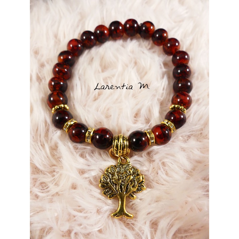 8mm brown glass bead bracelet, golden metal beads, golden tree of life, elastic