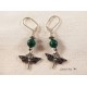 Silver dragonfly earrings, malachite beads