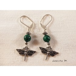 Silver dragonfly earrings, imitation malachite beads