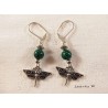 Silver dragonfly earrings, imitation malachite beads